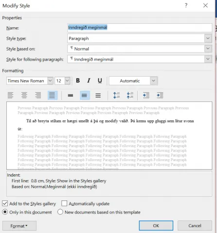 Mynd sem sýnir hvernig stílum er breytt í Word.